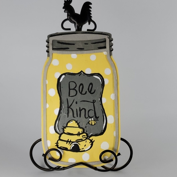HAND PAINTED "Bee Kind" Wooden Mason Jar Decor - Picture 1 of 5